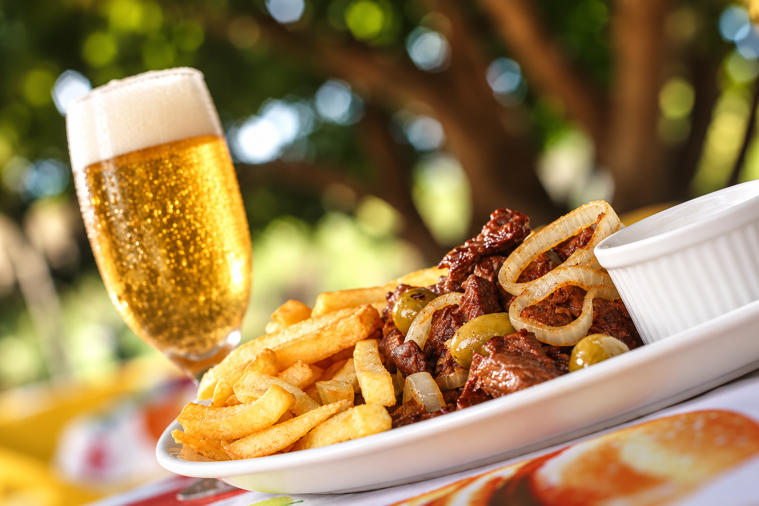 Bife grelhado com fritas e chope no Gurguéia Gourmet